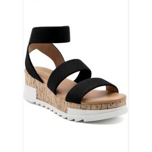 Cushionaire Black Elastic Ankle Strap Platform Wedge‎ Sandals Size 7.5W